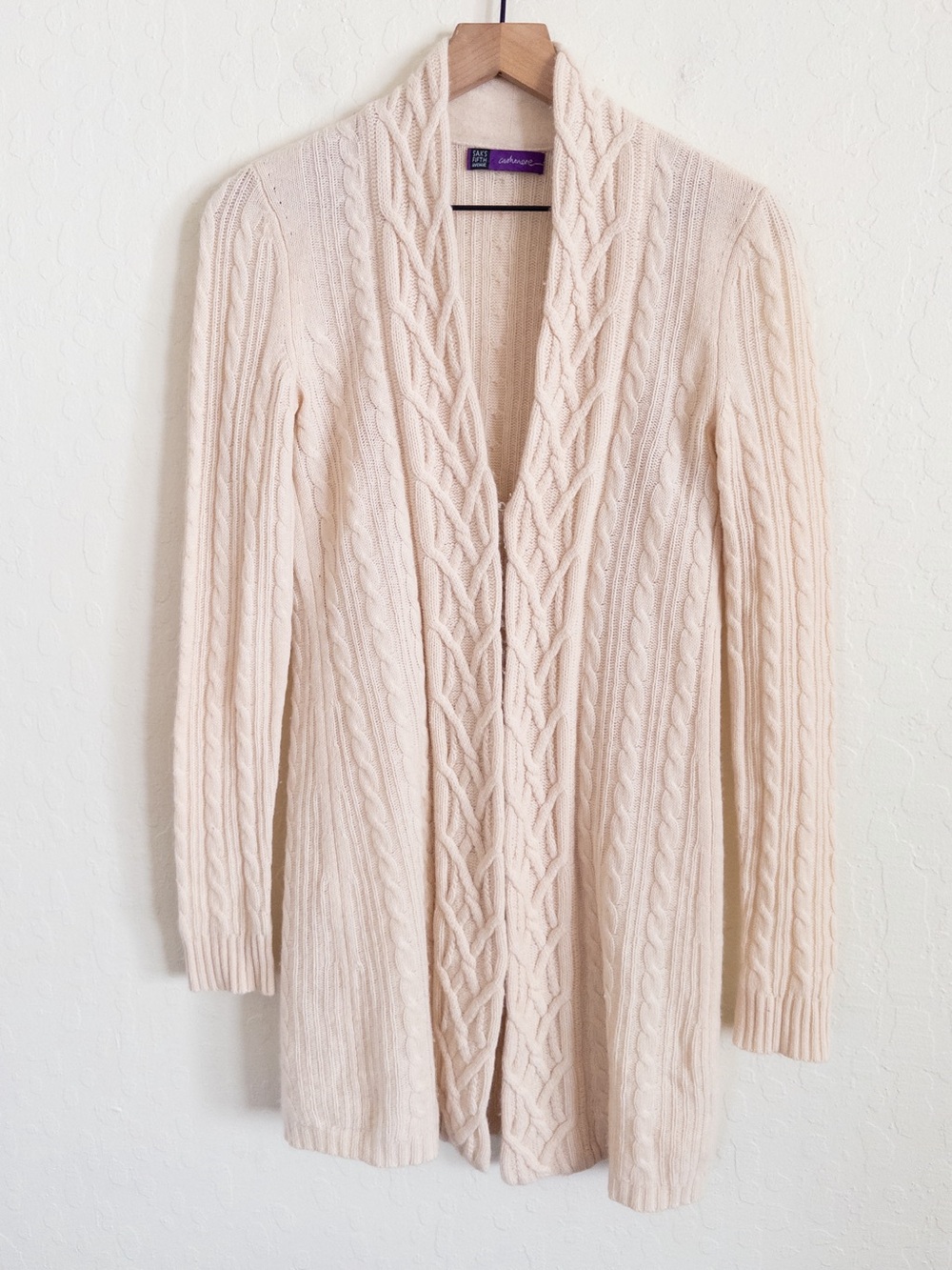 Saks Fifth Avenue 100% Cashmere Cable Knit Open Front Long Cardigan Small Ivory